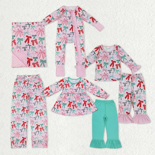 Family Sibling Colorful Bows Pajamas Clothes Sets Zipper Rompers Women Pants Blankets C10.14