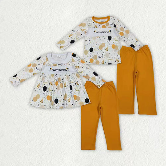 Sibling Baby Boys Girls Embroidery Happy New Year Balloons Stars Top Pants Clothes Sets C11.1
