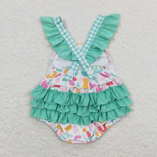 SR1246 Embroidered letters colorful leopard print flying sleeves teal vest onesie