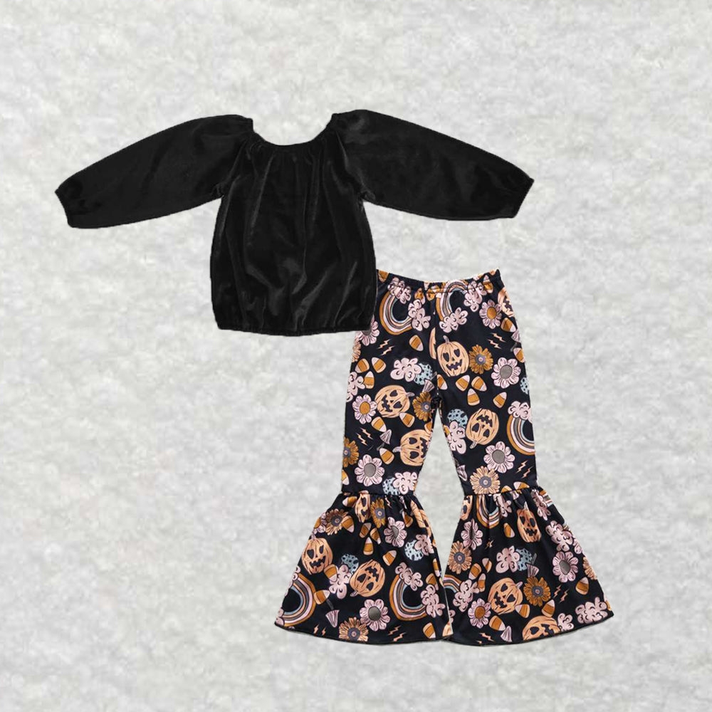 GT0198+P0151 Halloween black canary line shoulder top Rainbow pumpkin candy flower milk silk pantsuit