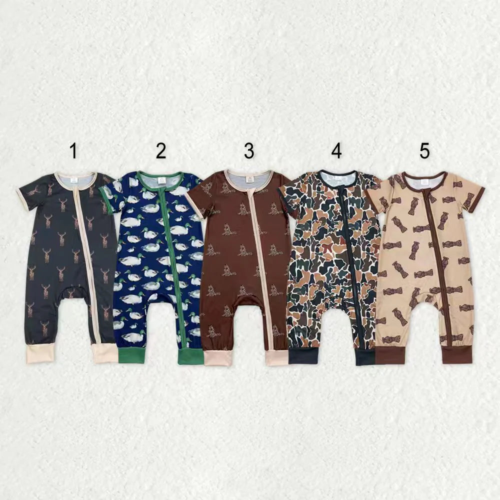 Sibling Baby Infant Boys Western Deer Camo Short Sleeves Bamboo Zipper Footie Rompers C9.15