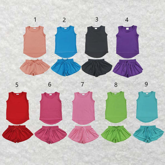 Sibling (1-4) Baby Girls Sleeveless Colorful Yoga Vests Top Ruffle Shorts Set 5.29
