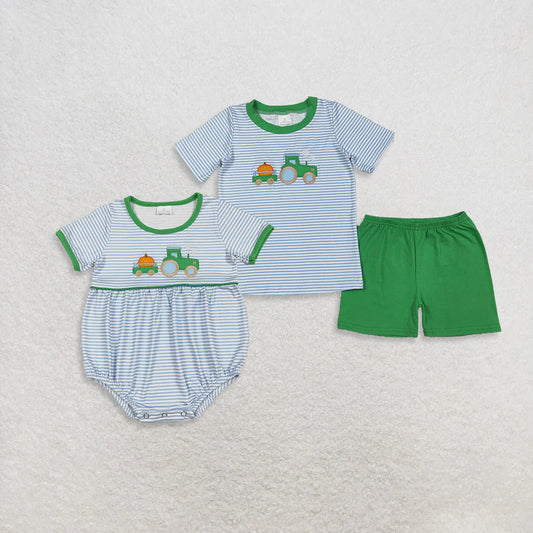 Sibling Baby Boys Blue Stripe Embroidery Pumpkin Truck Top Short Fall Clothes Sets Rompers C10.14