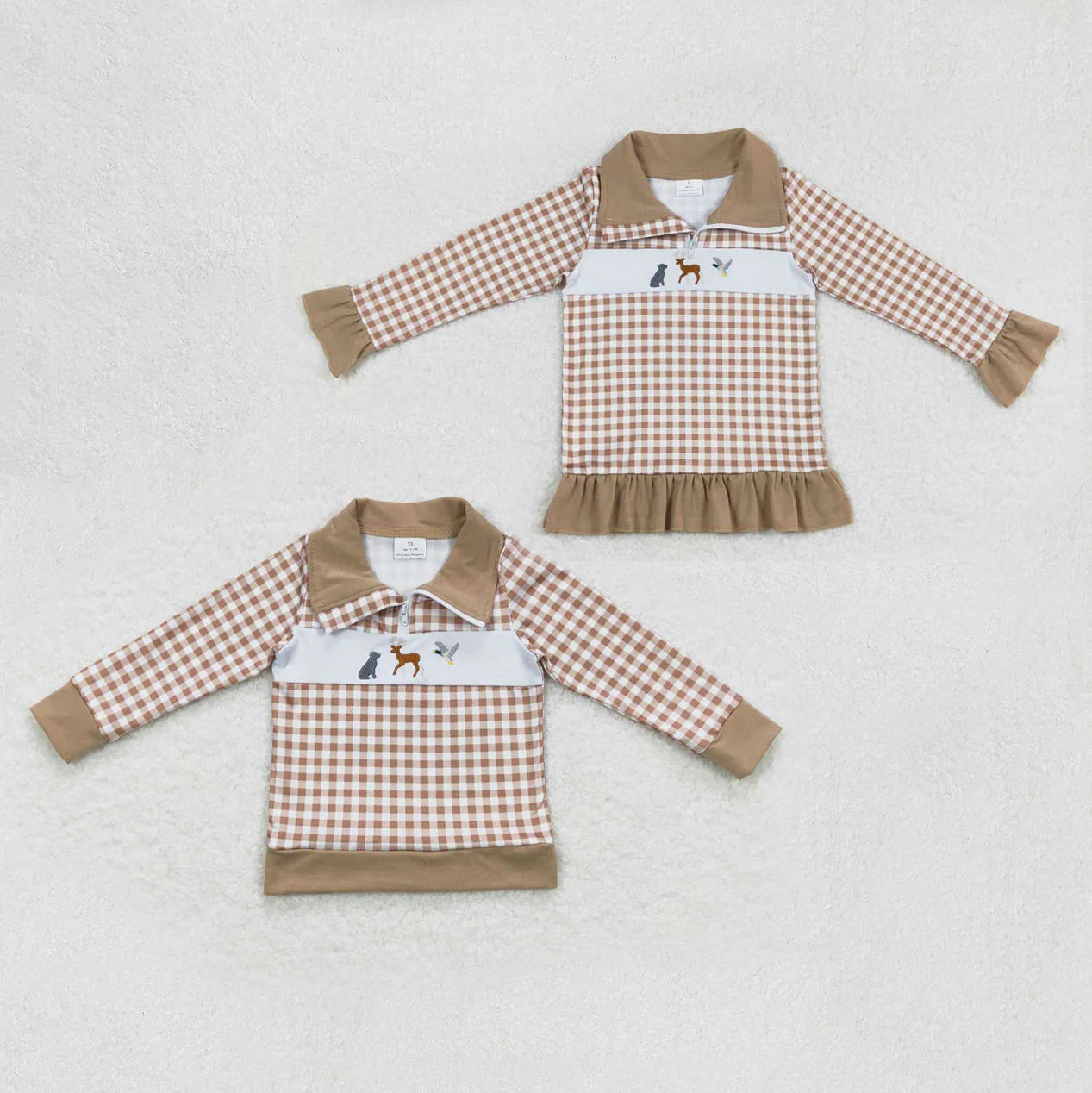 Sibling Baby Boys Girls Embroidery Dogs Deer Ducks Western Zipper Pullovers Tops C10.22