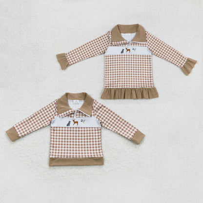 Sibling Baby Boys Girls Embroidery Dogs Deer Ducks Western Zipper Pullovers Tops C10.22