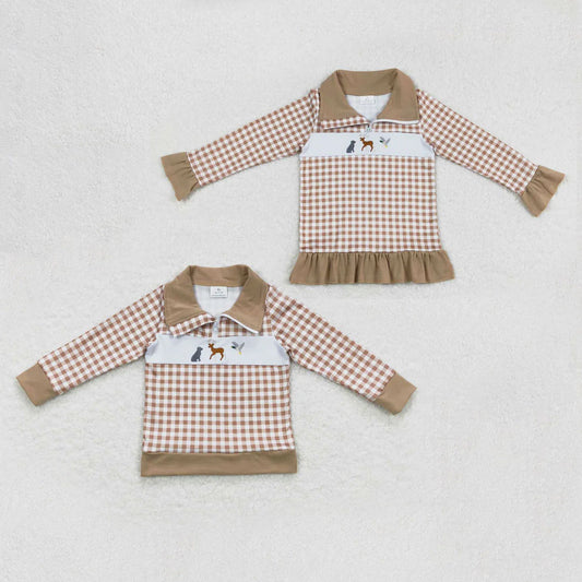 Sibling Baby Boys Girls Embroidery Dogs Deer Ducks Western Zipper Pullovers Tops C10.22