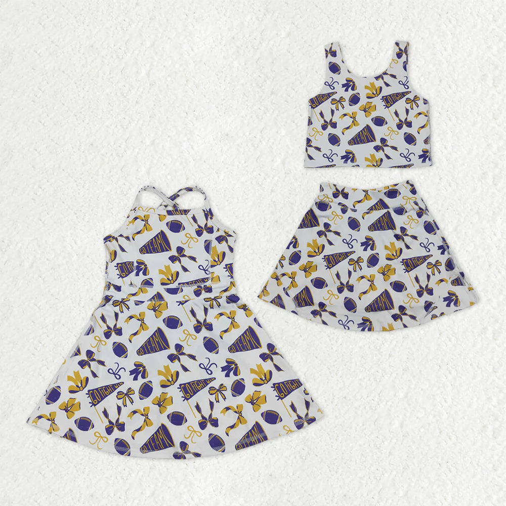 Sibling Baby Girls Purple Bows Footballs Team Shorts Yoga Clothes Set Knee Length Dresses C10.25