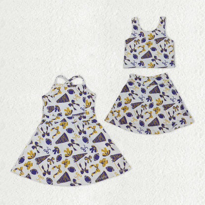 Sibling Baby Girls Purple Bows Footballs Team Shorts Yoga Clothes Set Knee Length Dresses C10.25