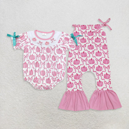 Sibling Baby Girls Pink Pumpkin Bows Sister Rompers C9.30