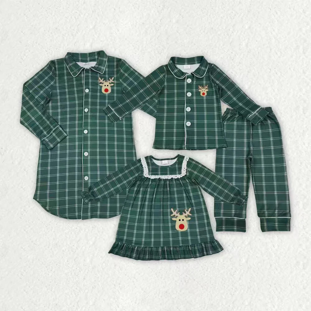 Embroidery Deer Mama and Me Green Checked Christmas Sleep Wear Pajamas Ruffle Dresses C10.23