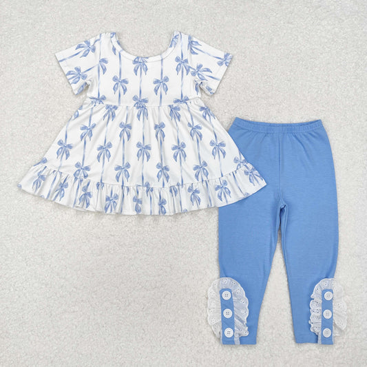 GSPO1688 Baby Girls Blue Bows Ruffle Top Legging Clothes Set