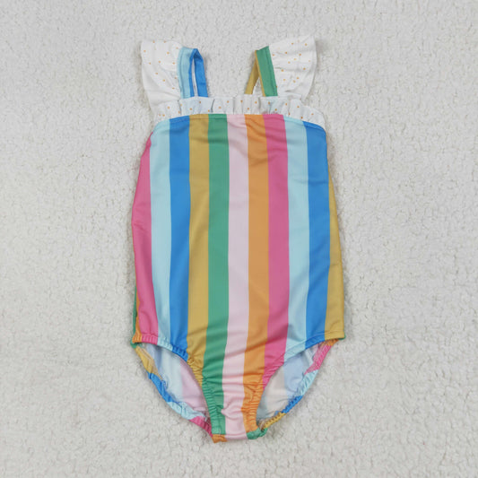 S0550 Baby Girls Flutter Sleeves Colorful Stripe One Piece Swimsuit 6.28