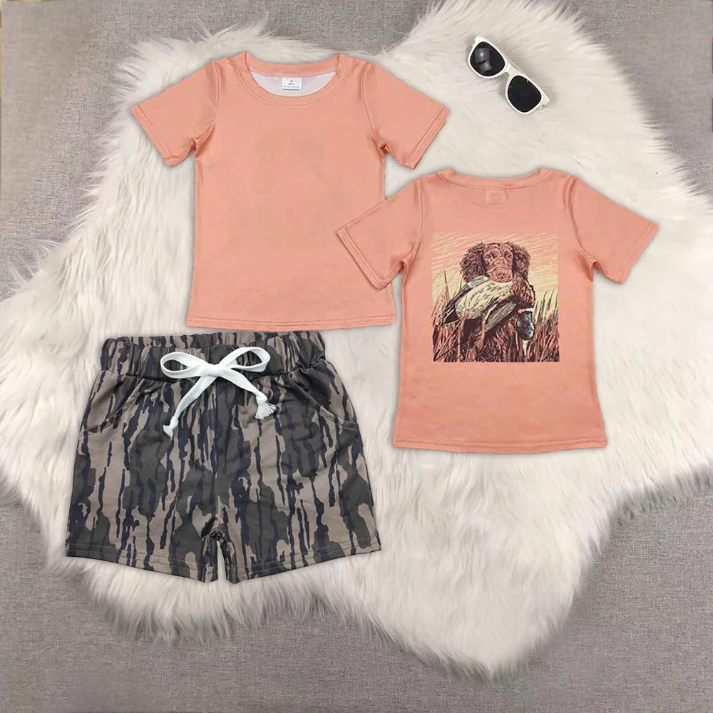 BT1084+SS0201 Baby Boys Peach Dog Ducks Shirts Top Bottomland Camo Pockets Shorts Western Hunting Set 4.24