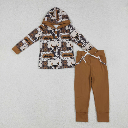 BLP1238 Baby Boys Brown Aztec Bull Skull Button Hoodies Pockets Legging Western Set C10.15