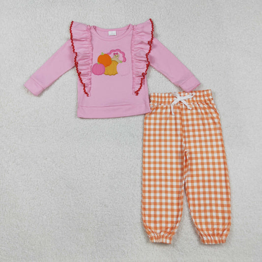 GLP2442 Baby Girls Pink Long Sleeves Turkey Pumpkins Top Orange Plaid Pant Set C9.1