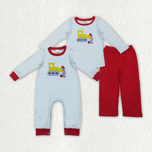 Sibling Baby Boys Embroidery Hearts Excavators Stripe Pants Valentines Clothes Set Footie Rompers C11.26
