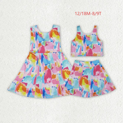 Sibling Baby Girls Sleeveless Watercolor Yoga Short Athletic Dresses 7.8