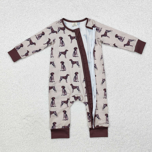 LR1759 Baby Infant Boys Brown Dogs Bamboo Long Sleeve Zip Romper