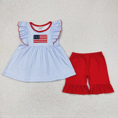Sibling Embroidery Flag Baby Girls Blue Checkered Tunic Ruffle Shorts Clothes Sets Rompers 5.1