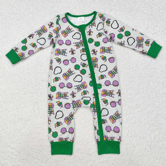 LR2039 Baby Infant Boys Mardi Gras Zip Long Sleeve Romper