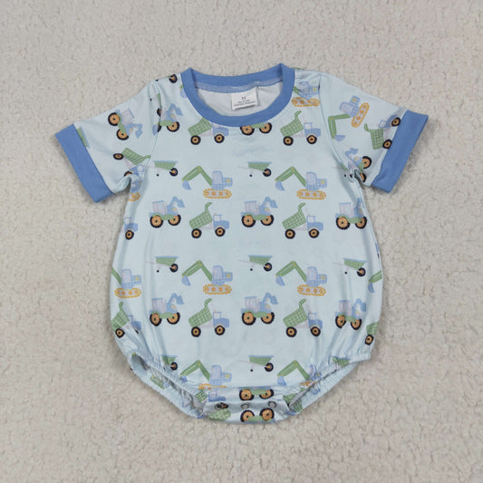 SR3142 Baby Boys Short Sleeves Blue Excavators Plaid Romper 6.28