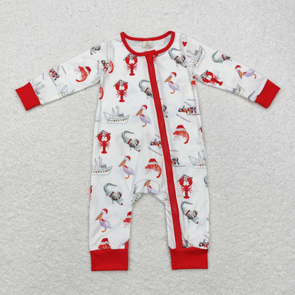 LR1399 Bamboo steamboat Crayfish crocodile red and white zip-up long-sleeved onesie