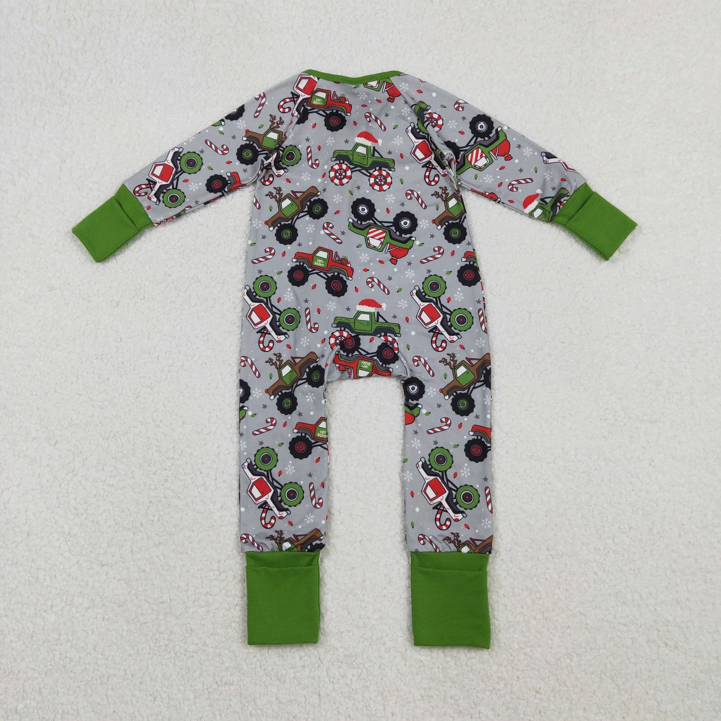 LR2669 Baby Boys Trucks Candy Cane Christmas Zipper Footie Romper C11.3