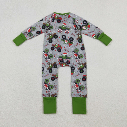 LR2669 Baby Boys Trucks Candy Cane Christmas Zipper Footie Romper C11.3