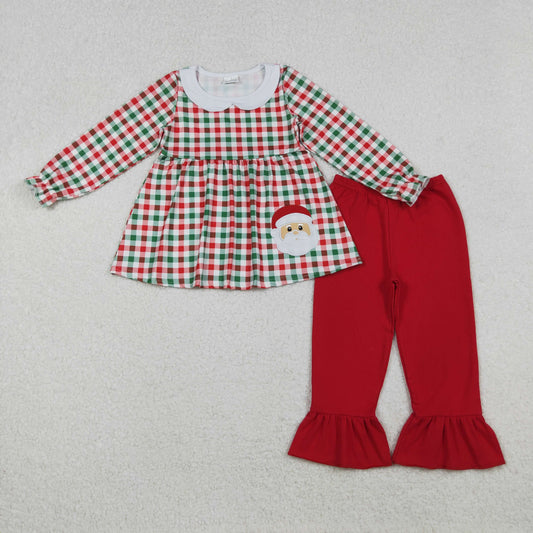 GLP2530 Embroidery Baby Girls Long Sleeves Red Green Plaid Santa Tunic Ruffle Pant Set C10.13