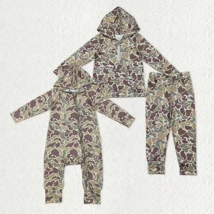 Sibling Baby Boys Southern Khaki Camo Hoodies Pockets Pants Set Zipper Convertible Rompers C12.6