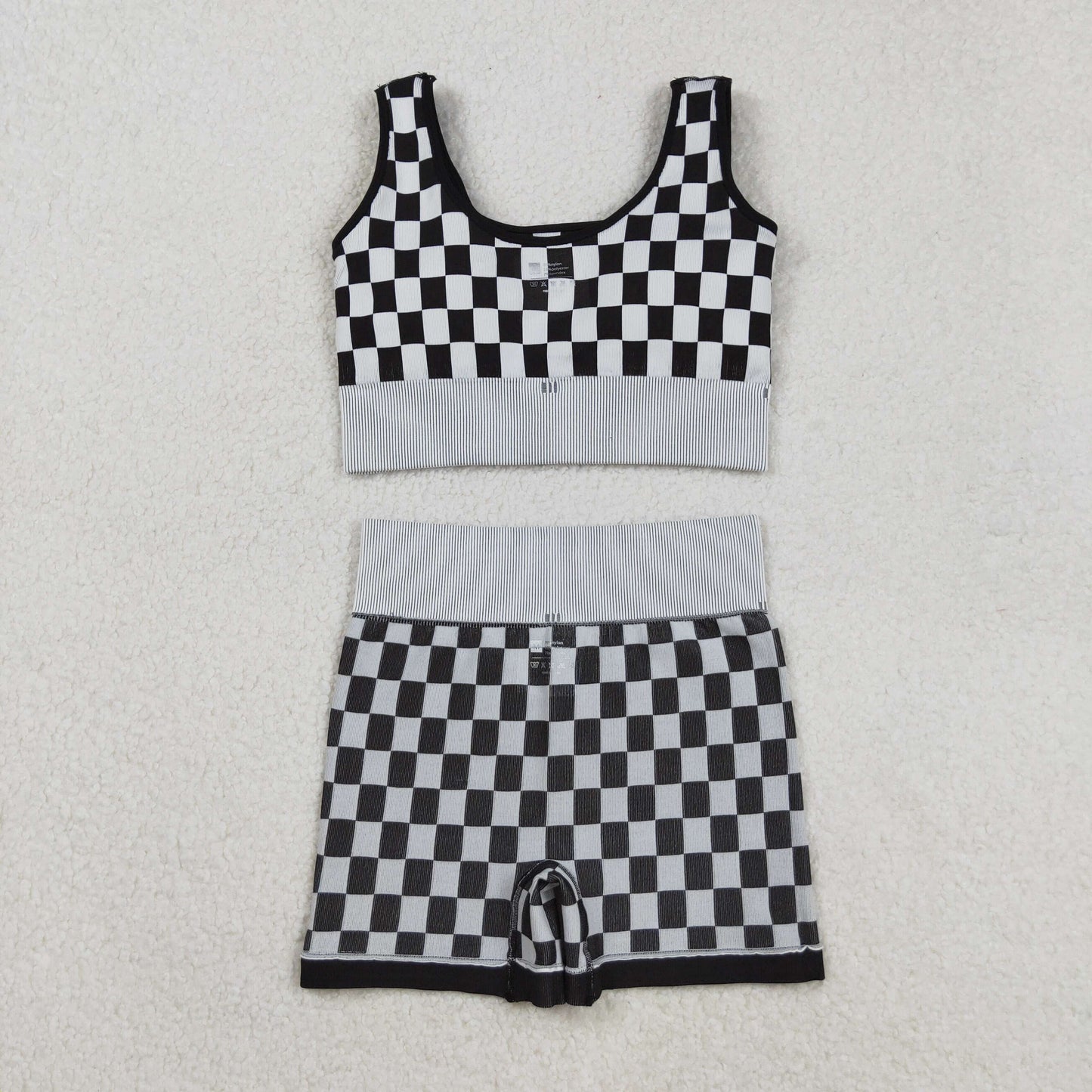 GT1189+SS0644 Adult Women Black Checkered Crop Bra Top Shorts Yoga Outfits Set C9.2