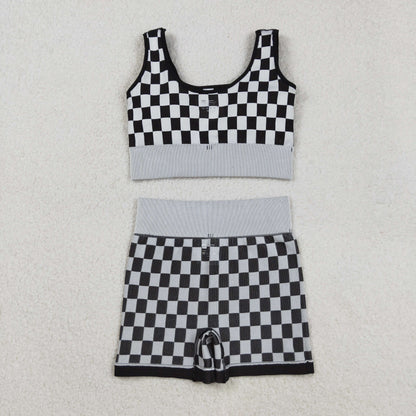 GT1189+SS0644 Adult Women Black Checkered Crop Bra Top Shorts Yoga Outfits Set C9.2