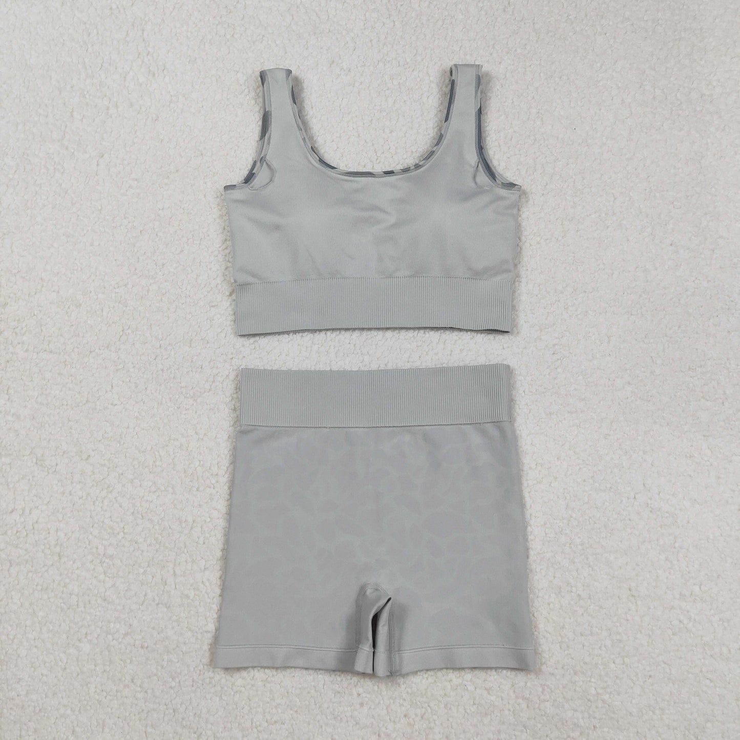 GT1186+SS0643 Adult Women Grey Camo Crop Bra Top Shorts Yoga Outfits Set C9.5