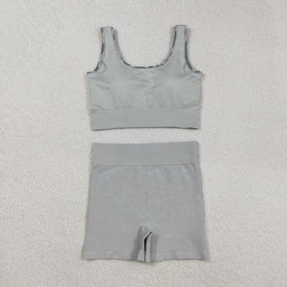 GT1186+SS0643 Adult Women Grey Camo Crop Bra Top Shorts Yoga Outfits Set C9.5