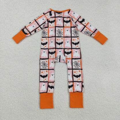 LR2539 Baby Boys Ghosts Bats Plaid Halloween Zipper Footie Romper C8.29