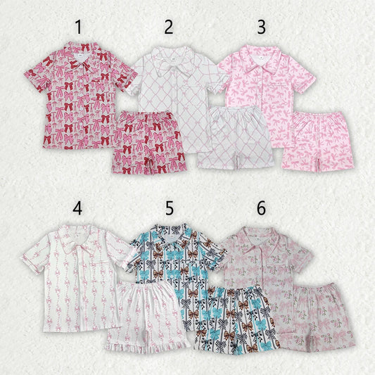 6 Colors Adult Women Bows Pocket Buttons Tops Shorts Pajamas 4.26