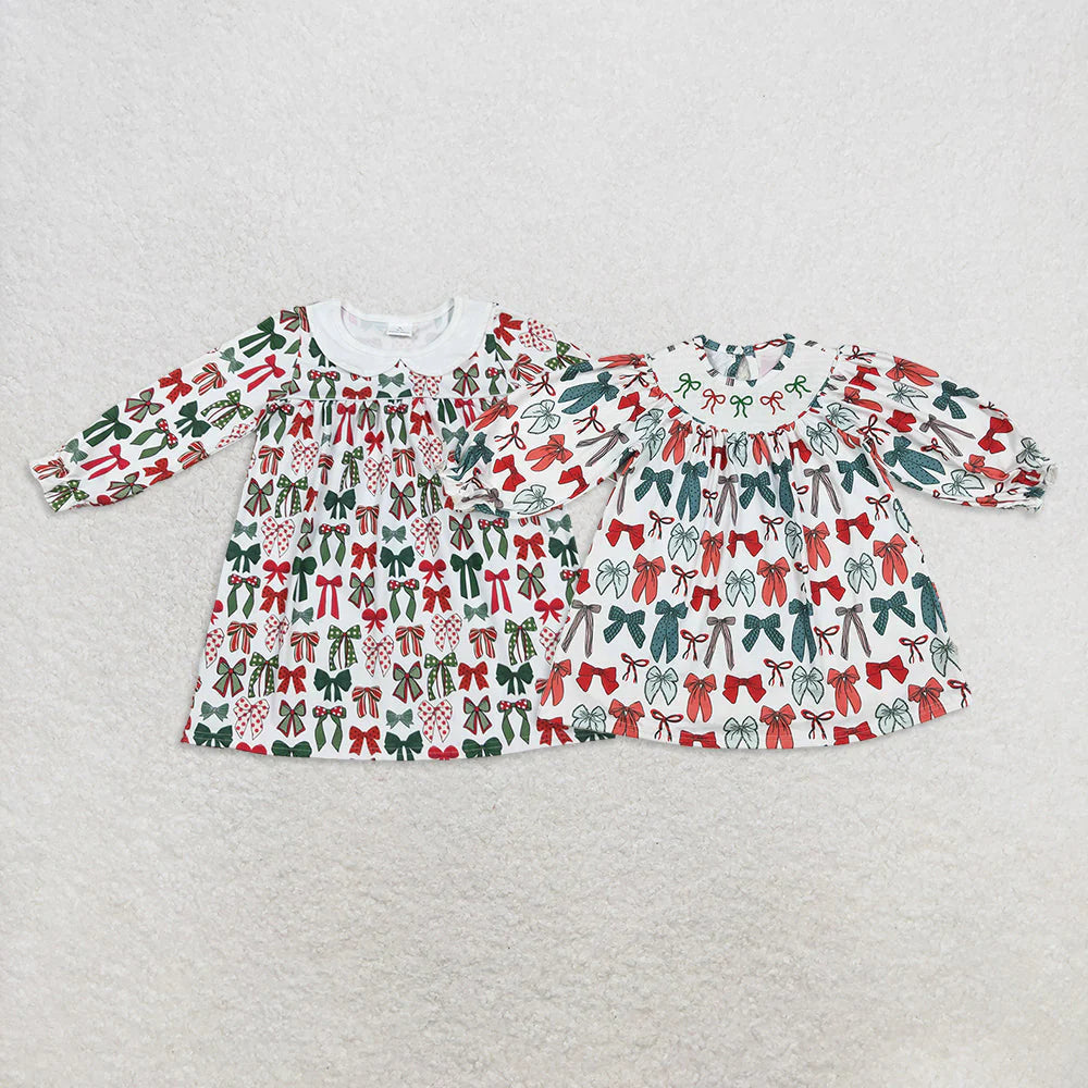 Sibling Baby Girls Green Red Bows Christmas Knee Length Dresses C9.2