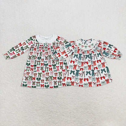 Sibling Baby Girls Green Red Bows Christmas Knee Length Dresses C9.2