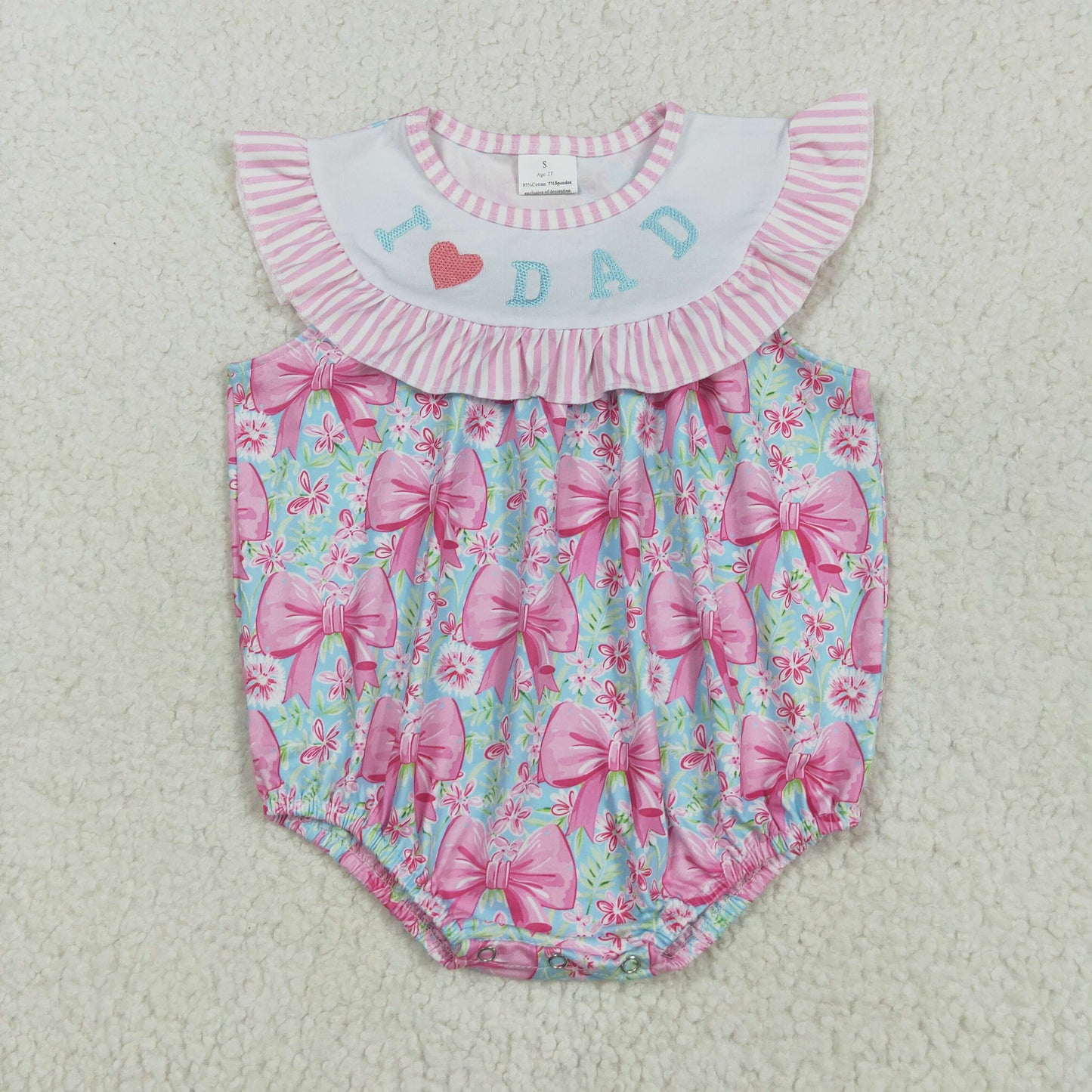 SR3089 Embroidered Baby Girls Pink Flutter Sleeves I Love Dad Bows Floral Ruffle Romper 5.16