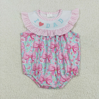 SR3089 Embroidered Baby Girls Pink Flutter Sleeves I Love Dad Bows Floral Ruffle Romper 5.16