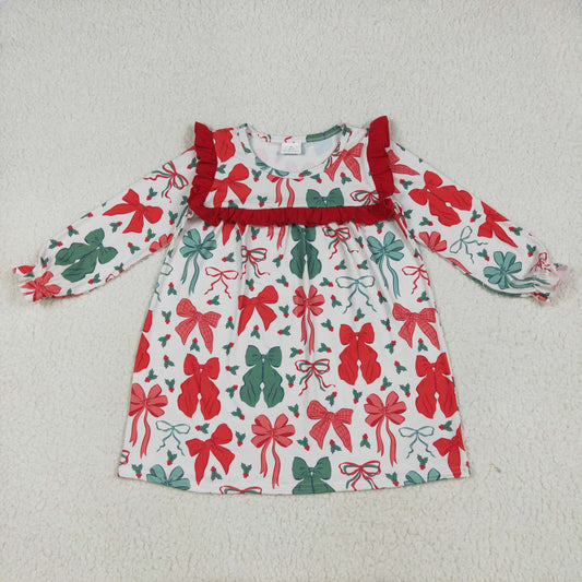 GLD1046 Baby Girls Long Ruffle Sleeves Red Green Bows Knee Length Dress 6.25