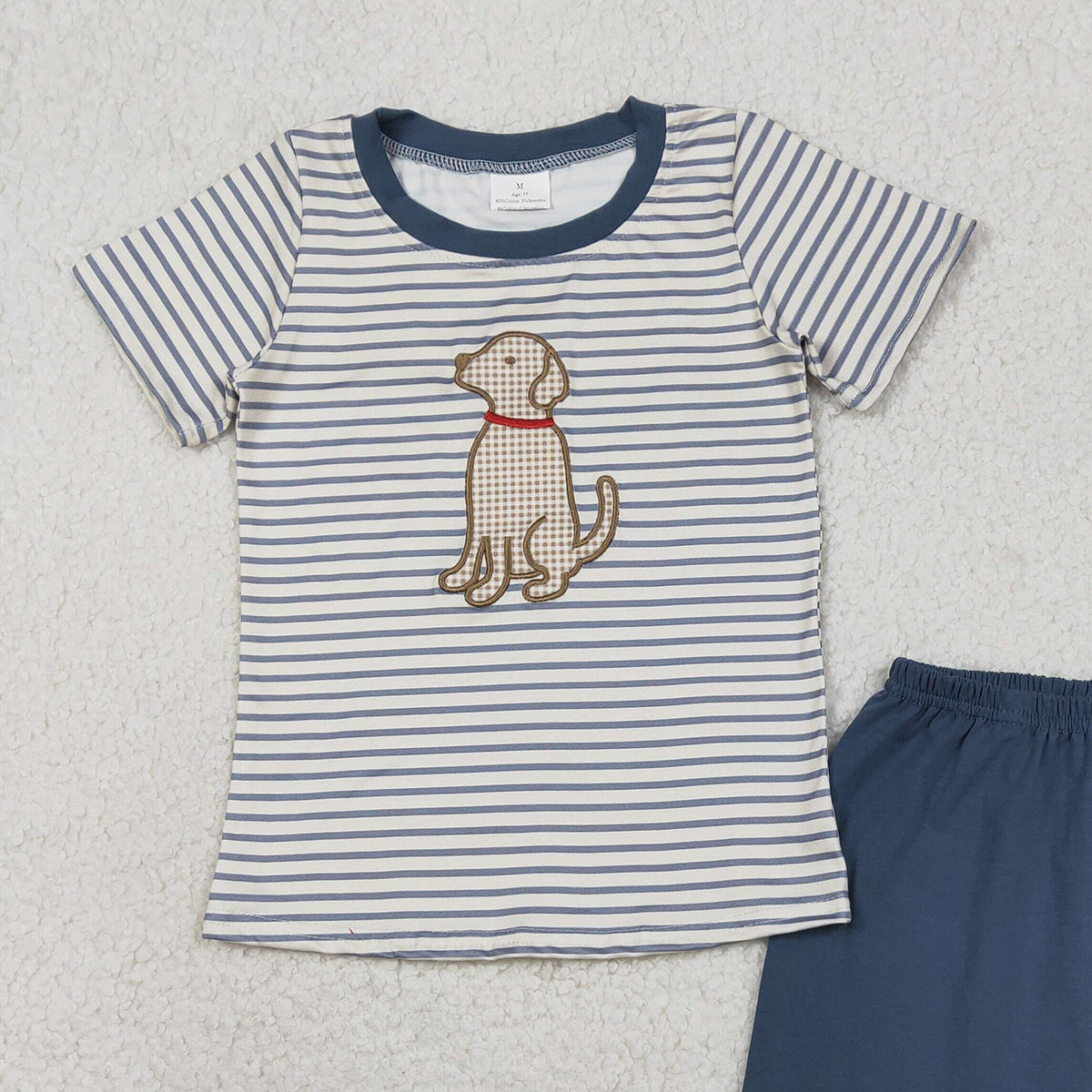 RTS BSSO1745 Embroidery Dogs Baby Boys Stripe Top Shorts Hunting Clothes Sets