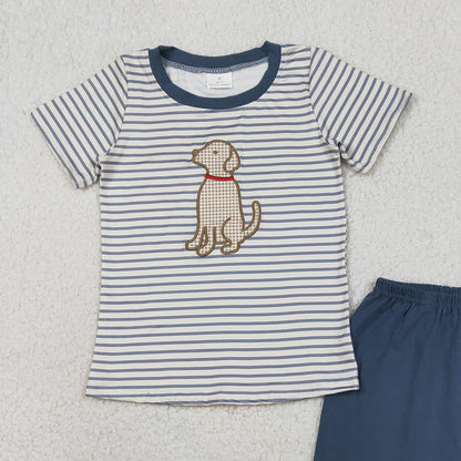 RTS BSSO1745 Embroidery Dogs Baby Boys Stripe Top Shorts Hunting Clothes Sets