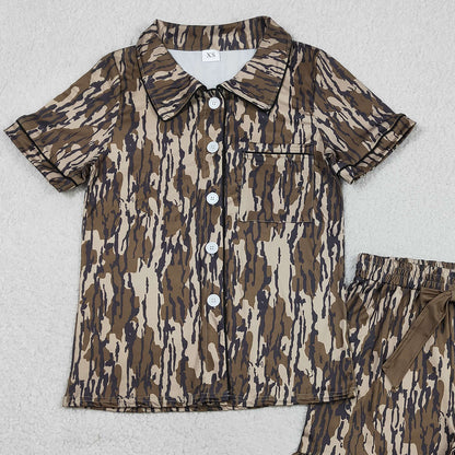 RTS GSSO3136 Adult Women Southern Olive Camo Button Pocket Top Ruffle Shorts Pajamas Set