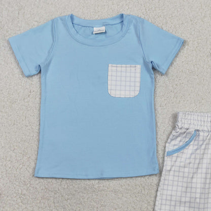 RTS BSSO1762 Baby Boys Blue Short Sleeve Shirts Top Checked Pockets Shorts Clothes Sets