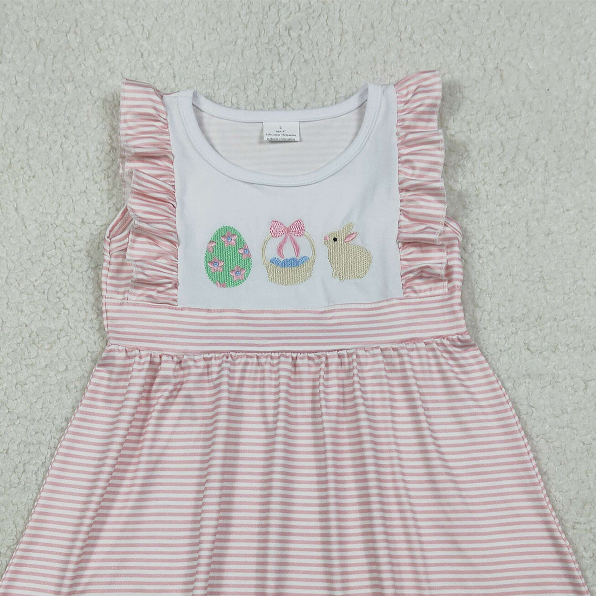 RTS GSD2957 Embroidery Rabbit Eggs Baby Girls Pink Stripe Easter Knee Length Dresses