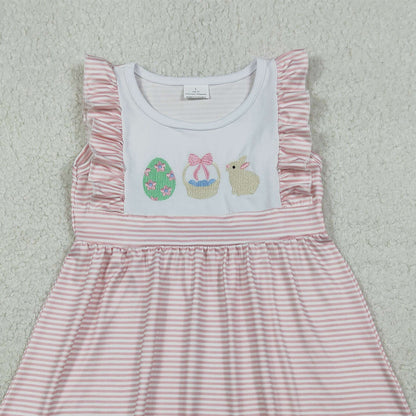 RTS GSD2957 Embroidery Rabbit Eggs Baby Girls Pink Stripe Easter Knee Length Dresses