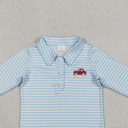 RTS BT1573 Embroidery Heart Trucks Baby Boys Blue Stripe Valentines Button Polo Shirts Top