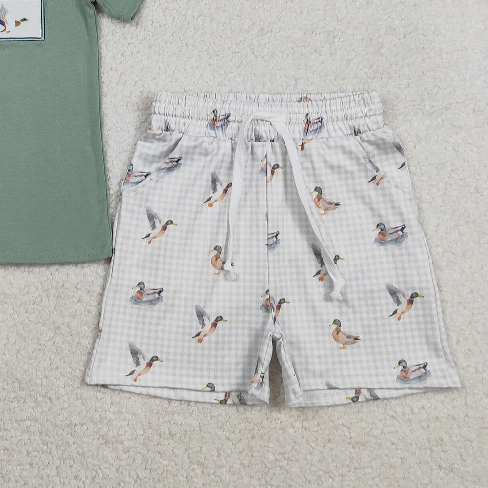 RTS BSSO1639 Embroidery Ducks Baby Boys Top Checked Pockets Short Hunting Clothes Sets