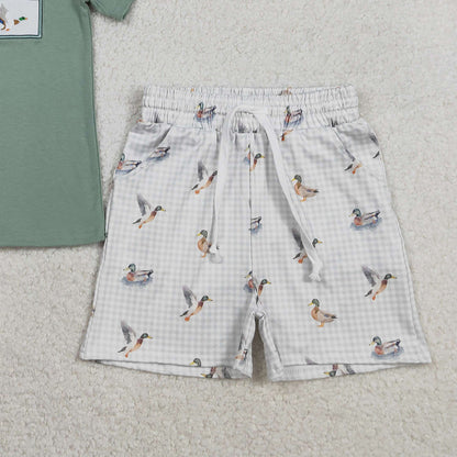 RTS BSSO1639 Embroidery Ducks Baby Boys Top Checked Pockets Short Hunting Clothes Sets